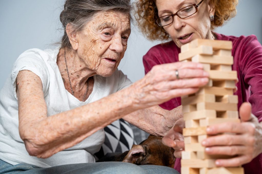 home caregiver playing jenga with woman
