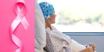breast cancer patient in hospital bed with pink ribbon on left