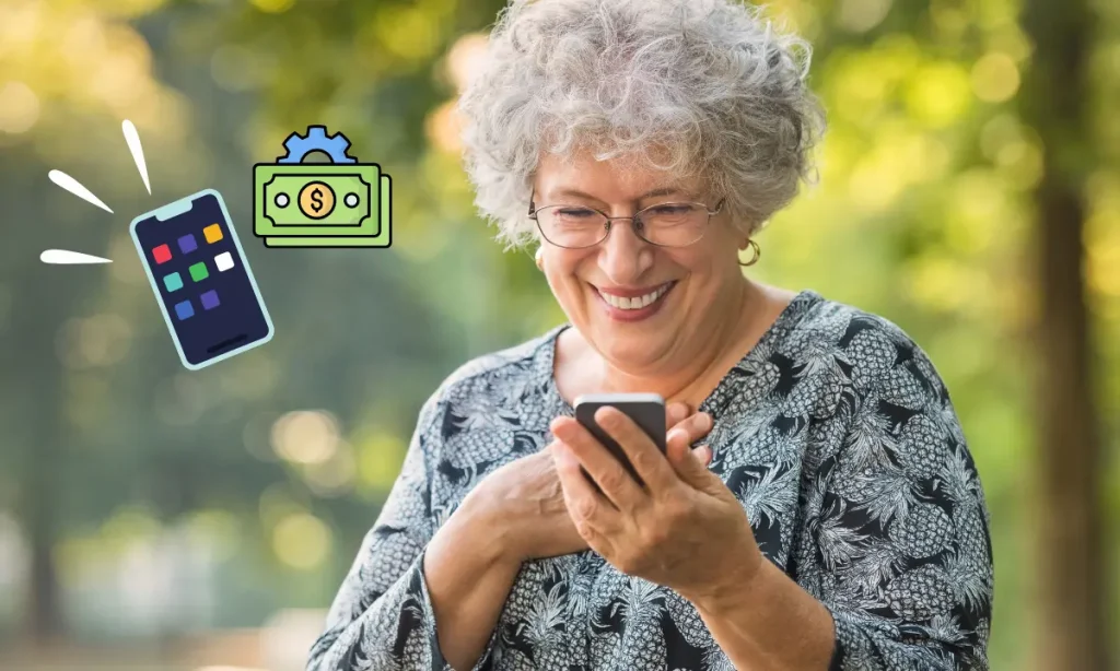 money management app photo, senior woman using phone and smiling outisde with phone and money management emojis next to her