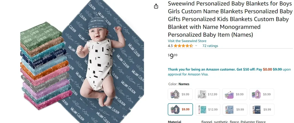 Personalized Baby Blankets for Boys Girls, screenshot of product from Amazon
