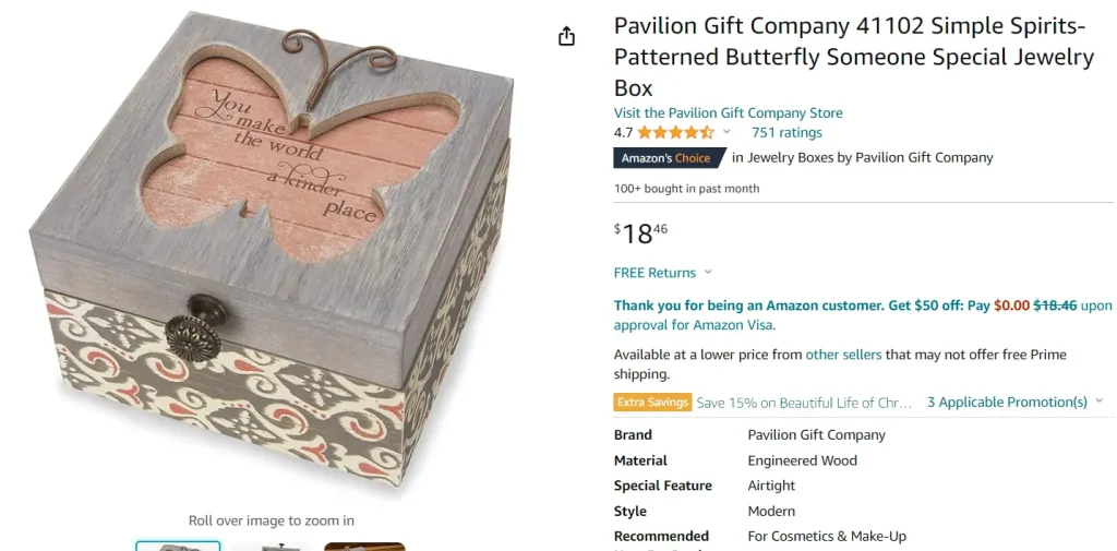 Patterned Butterfly Someone Special Jewelry Box, screenshot from Amazon.