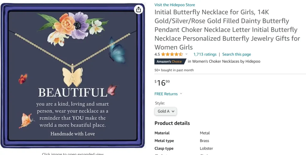 Initial Butterfly Necklace for Girls, screenshot from Amazon