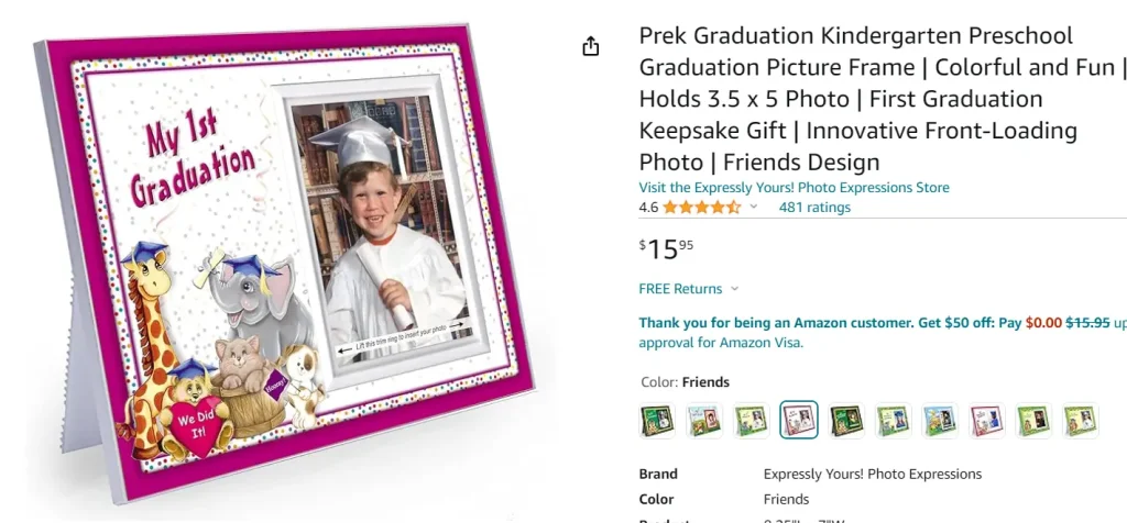 Prek Graduation Kindergarten Preschool Graduation Picture Frame, screenshot from Amazon