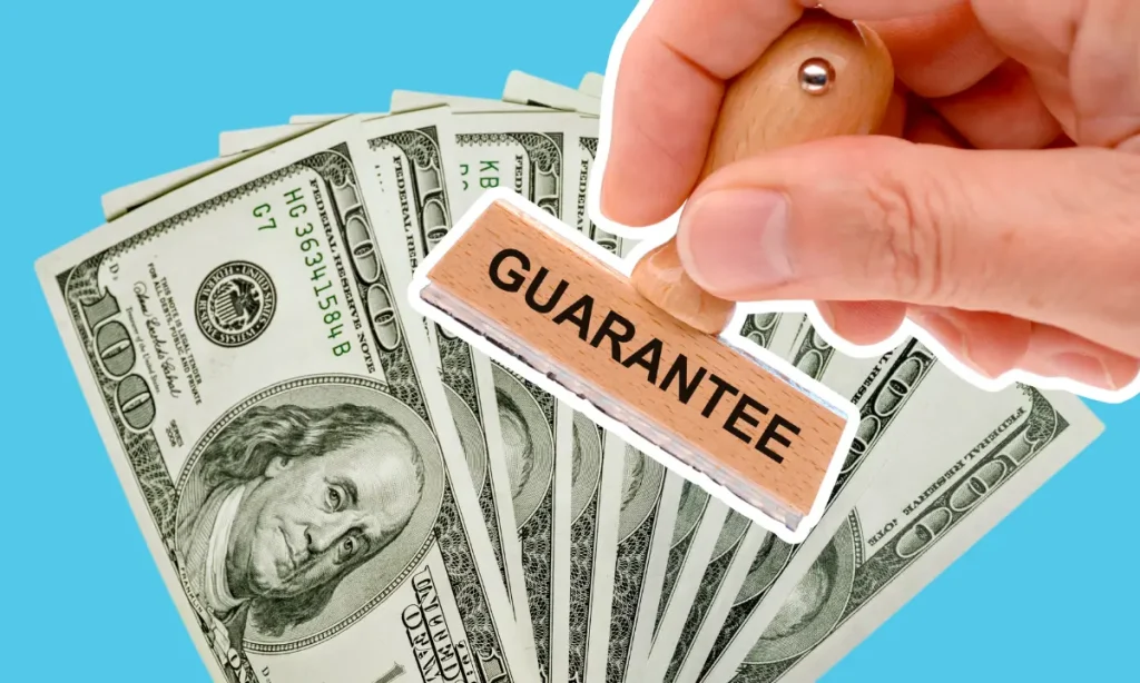 guaranteed money concept, stack of money with guaranteed stamp, blue background
