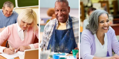 collage of senior adults engaging in education classes at colleges