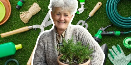 artistic cutout photo of gardening tools and older senior woman holding a potted plant and smiling