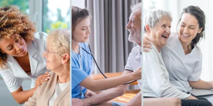 home care collage of three photos of caregivers and senior adults