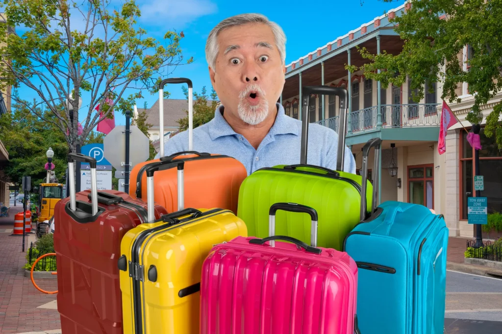 older asian gentleman surrounded by suitcases in The Villages, Florida