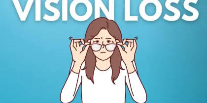 clipart woman pulling down her glasses, trying to see, vision loss words at top of image