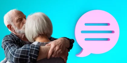 communicating with someone who has Alzheimer's or dementia, senior man kissing his wife's head with a text bubble nearby