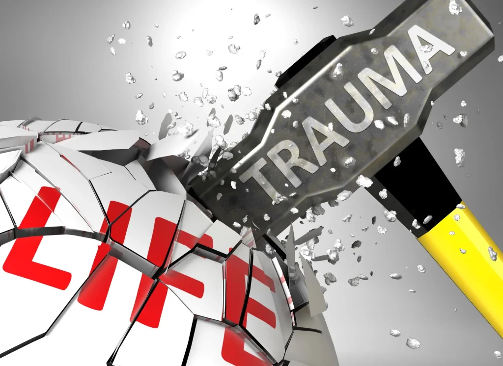 Trauma and destruction of health and life - symbolized by word Trauma and a hammer to show negative aspect of Trauma, 3d illustration